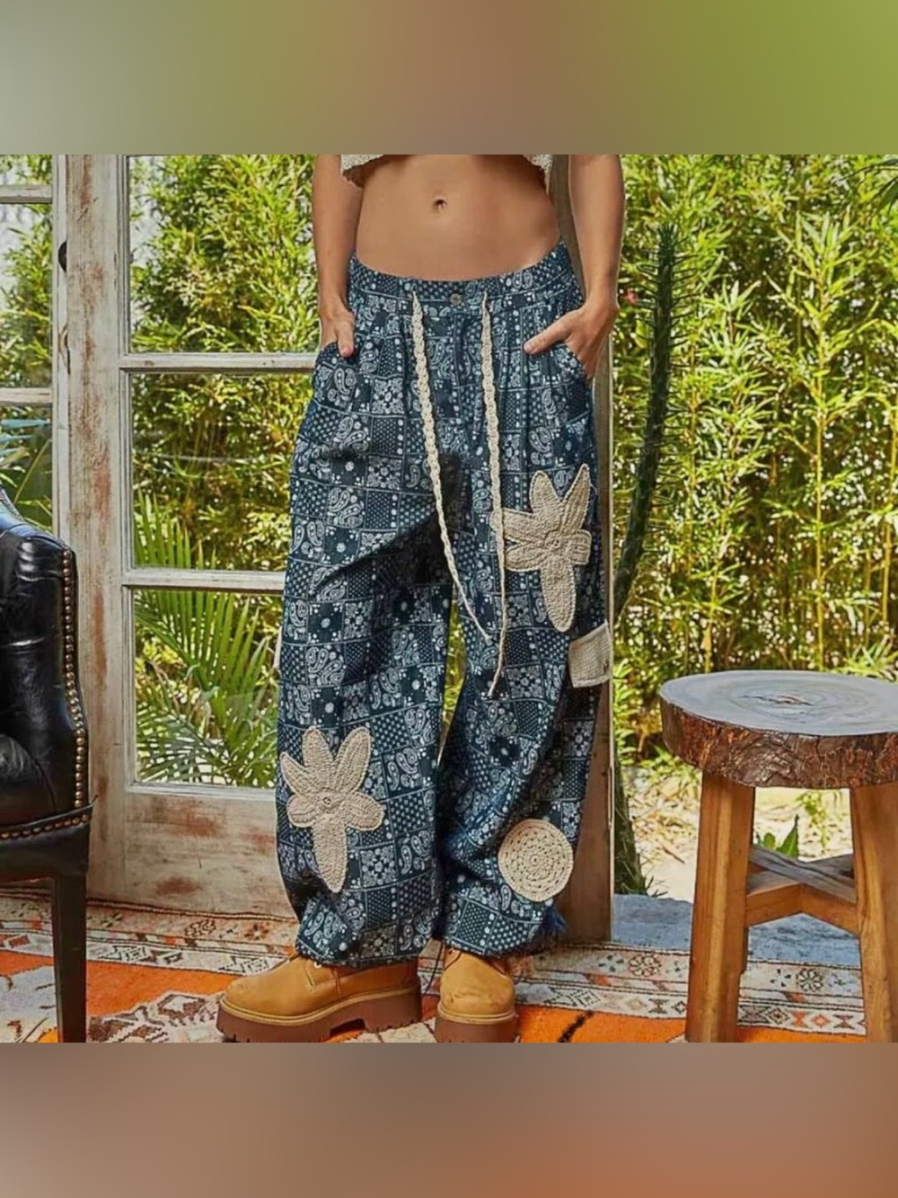 POL Patchwork Bandana Boho Barrel Pants Medium